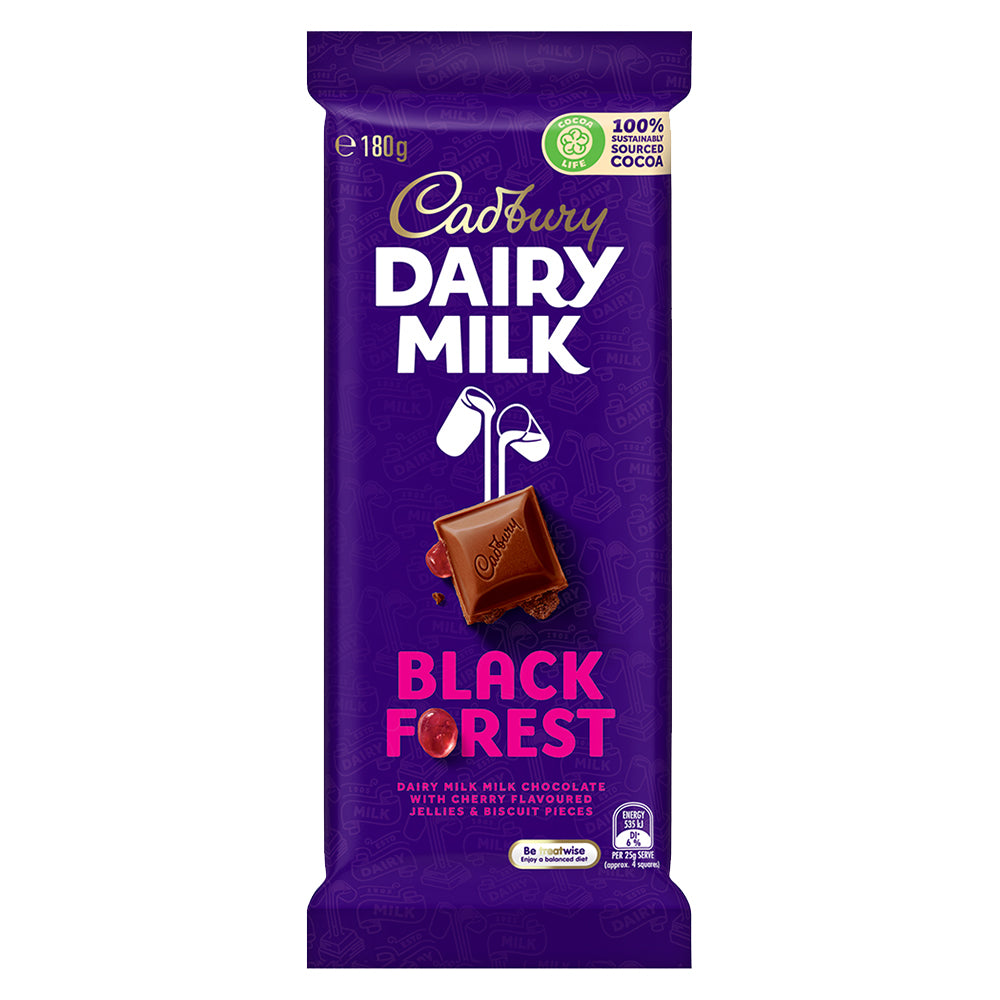 Cadbury Dairy Milk Milk Chocolate Black Forest With Cherry Flavoured Jellies & Biscuit Pieces 180G (Australian Imported) – 4052698