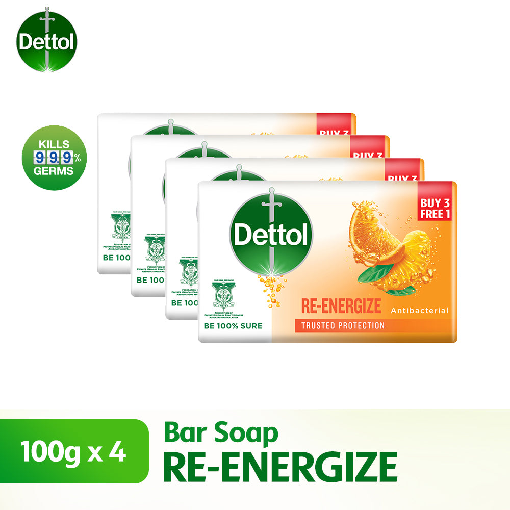 Dettol Antibacterial Body Bar Soap Re-Energize 100G 3+1