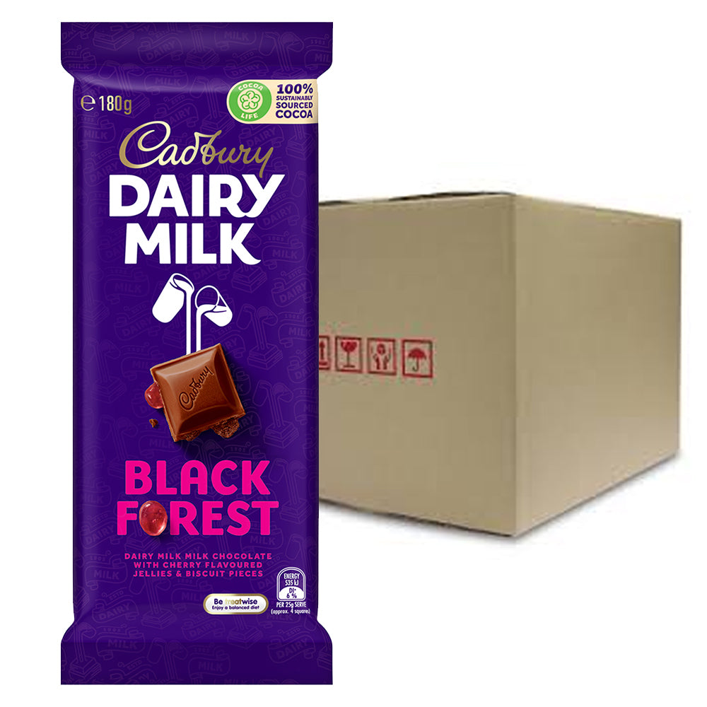 Cadbury Dairy Milk Milk Chocolate Black Forest With Cherry Flavoured Jellies & Biscuit Pieces 180G (Australian Imported) – 4052698