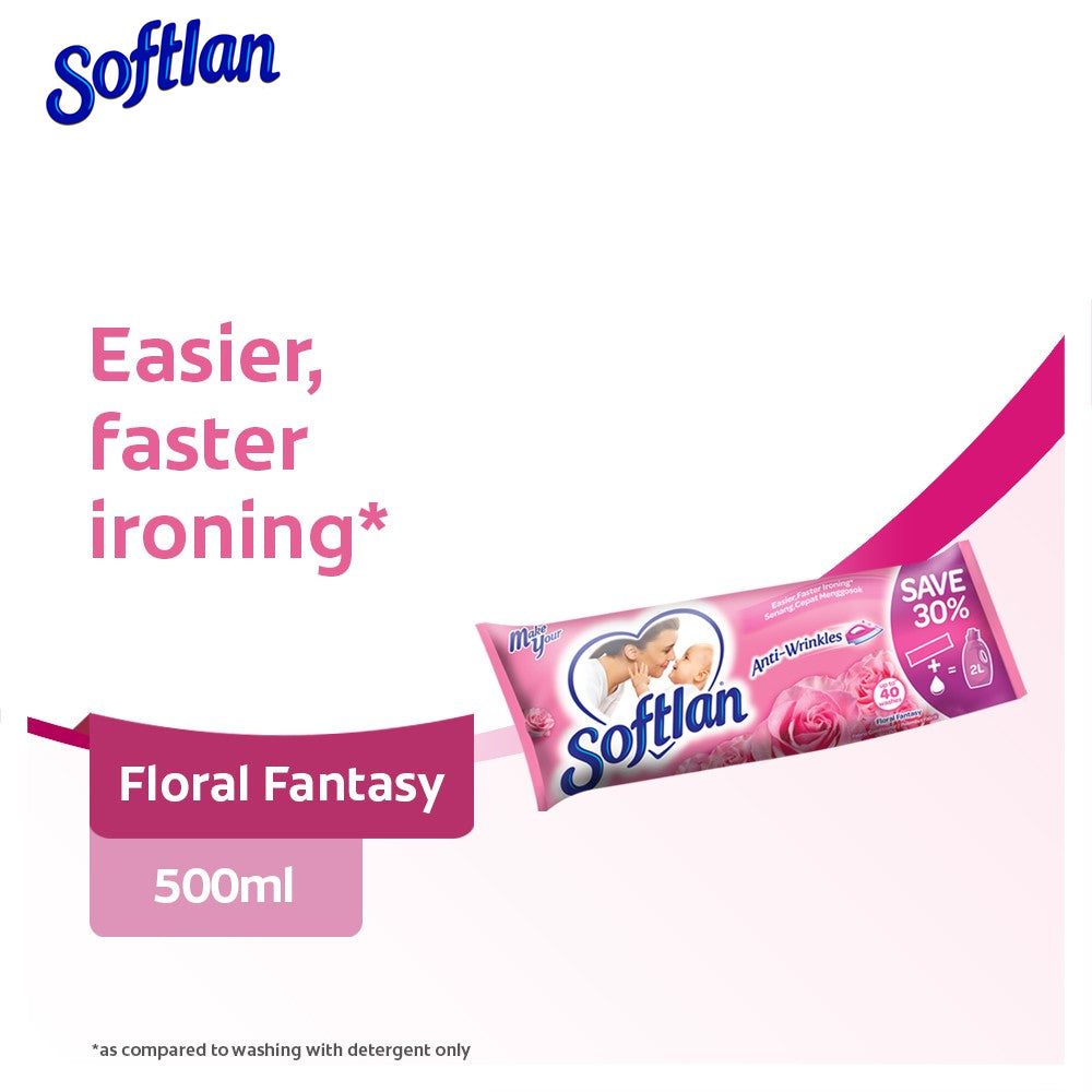 Softlan Anti Wrinkles Floral Fantasy (Pink) Fabric Softener 500ml Refill Concentrate Pouch – 1109827