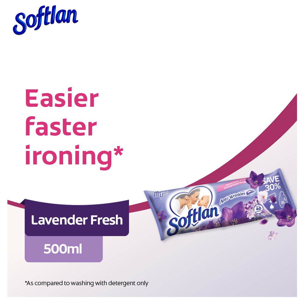 Softlan Anti Wrinkles Lavender Fresh (Purple) Fabric Softener 500ml Refill Concentrate Pouch – 1109829