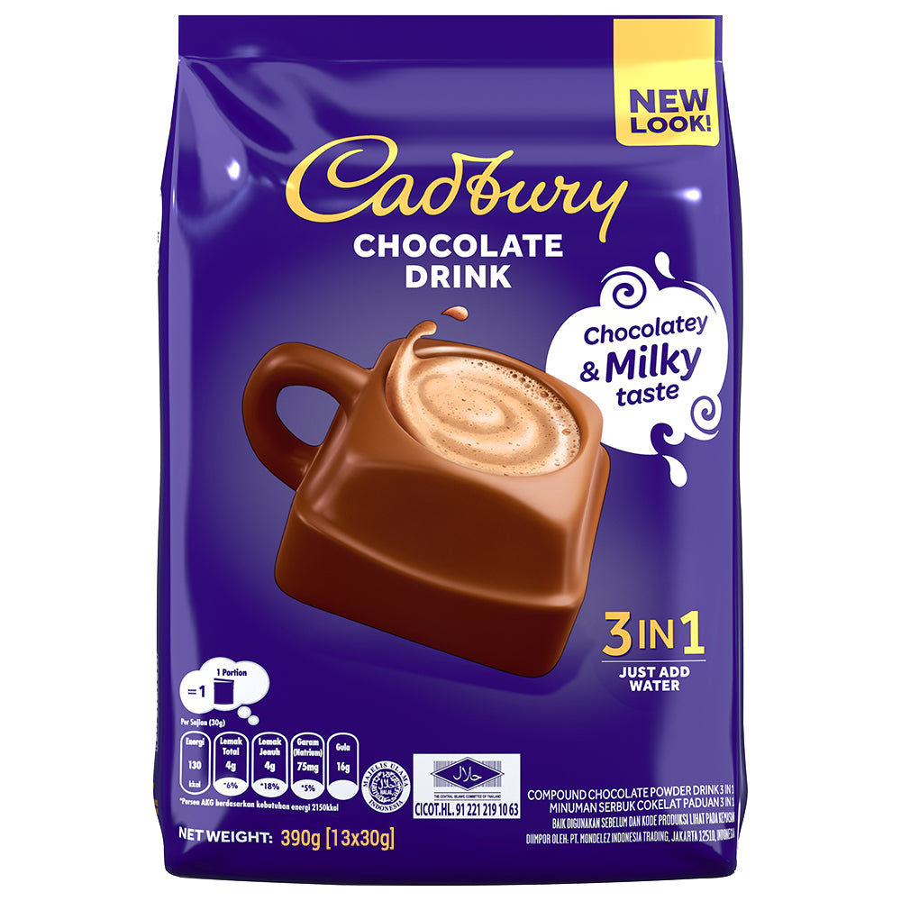 Cadbury 3 In 1 Hot Chocolate Compound Drink With Real Cadbury Chocolate Taste 390G (13 Sachets x 30G)