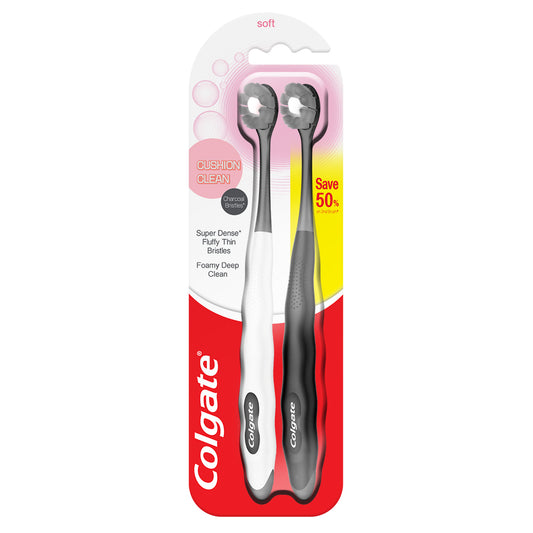 Colgate Cushion Clean Charcoal Super Dense Fluffy Thin Toothbrush Valuepack 2s (Soft)