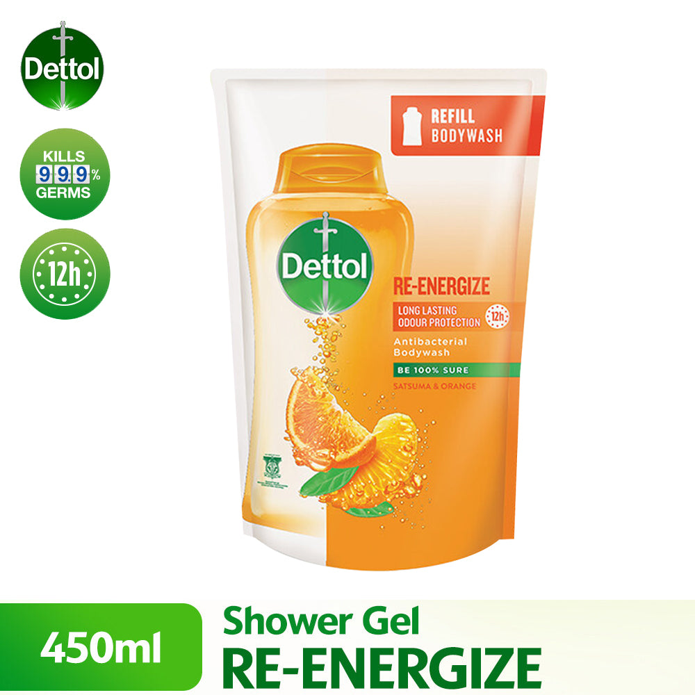 Dettol Shower Gel Antibacterial Body Wash Refill Pouch Re-Energize 450ml