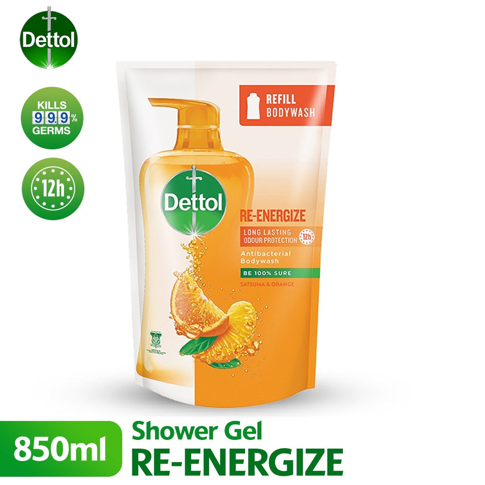 Dettol Shower Gel Antibacterial Body Wash Refill Pouch Re-Energize 850ml