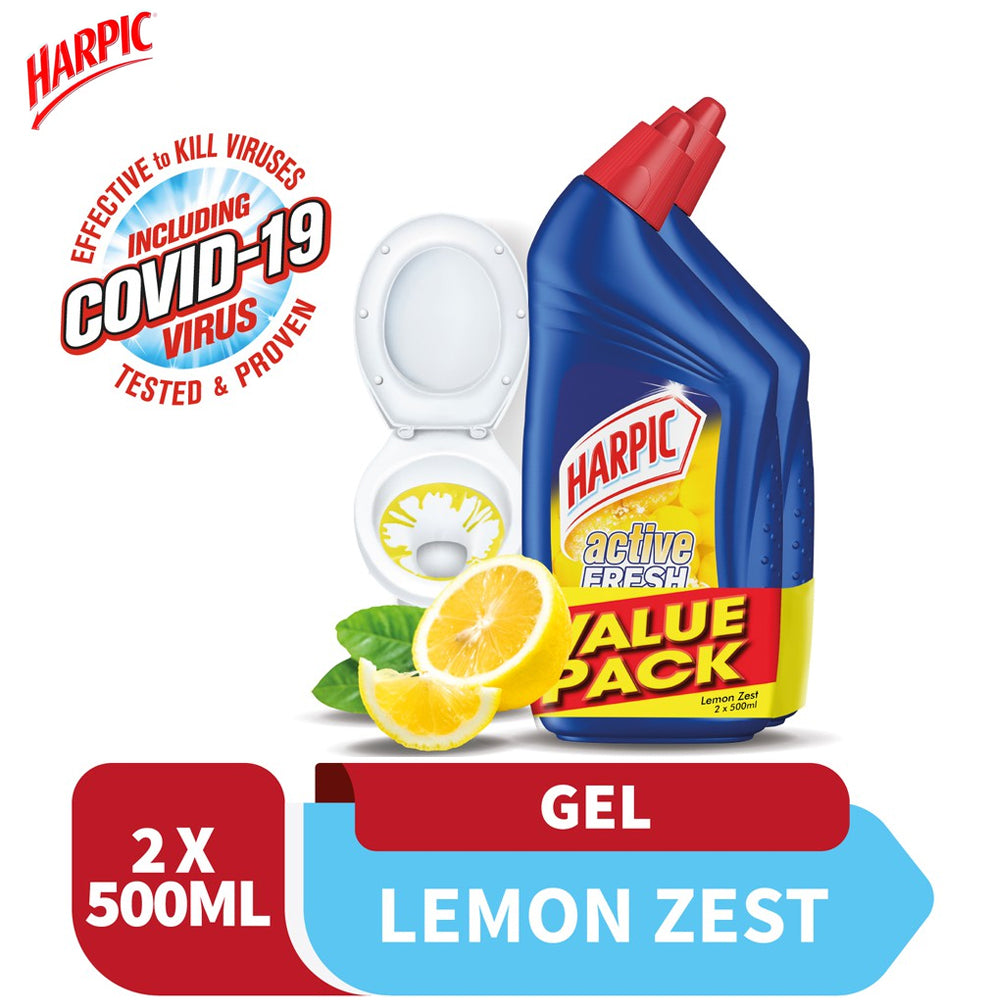 Harpic Active Fresh Disinfectant Toilet Cleaner Lemon Zest Twin Pack (500ml x 2)