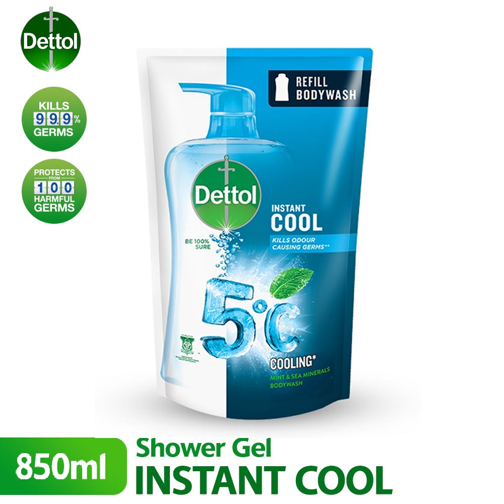 Dettol Shower Gel Antibacterial Body Wash Refill Pouch Instant Cool 850ml