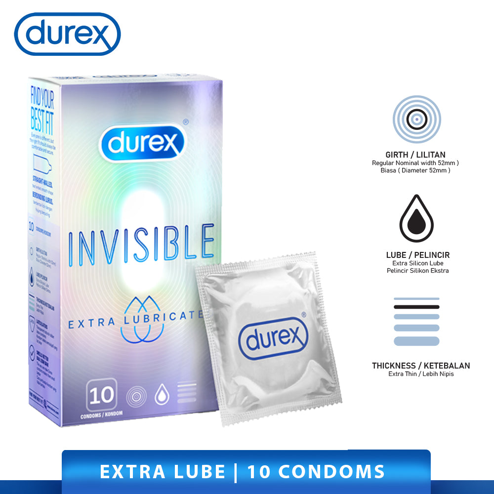 Durex Invisible Extra Lubricated Condoms 10’s [For man] Thinnest Extra Lubricant, Regular size 52mm (Safety & Protection)