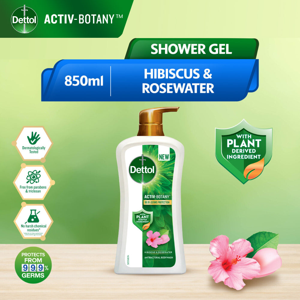 Dettol Activ Botany Shower Gel Antibacterial Body Wash Shower Gel Hibiscus & Rosewater 850ml