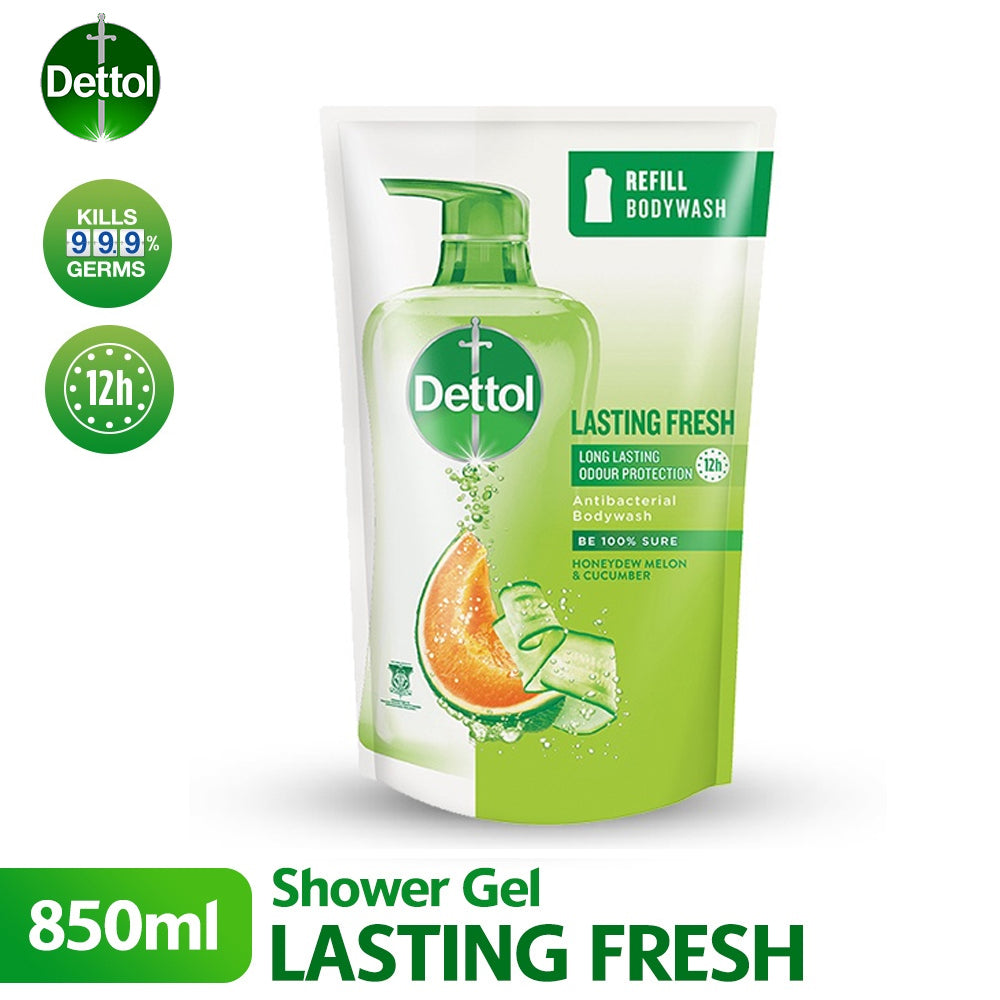 Dettol Shower Gel Antibacterial Body Wash Refill Pouch Lasting Fresh 850ml