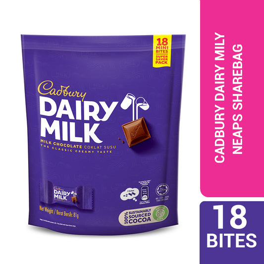 Cadbury Dairy Milk Chocolate Flavoured Neaps Doybag (Sharebag) 18 Mini Bites 81G – 4265029